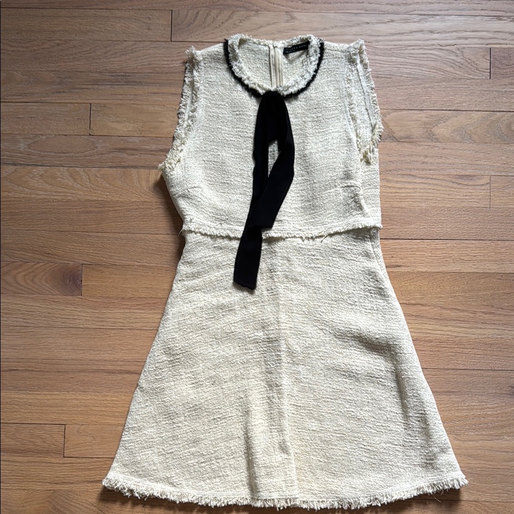 Zara Cream Textured dress with big Black Bow and fray hem